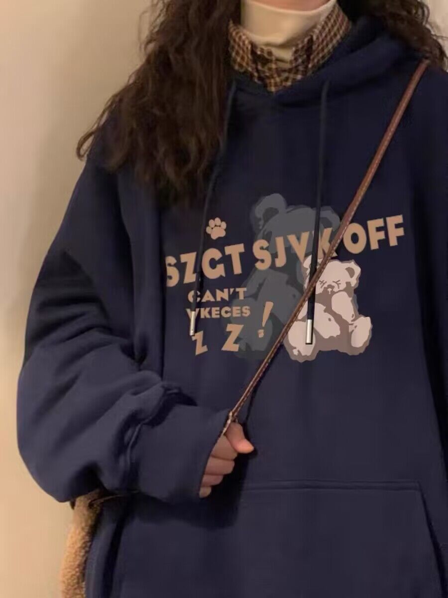 港風chic外套連帽寬鬆卡通加絨小眾設計感美式復古大碼衛衣女秋冬