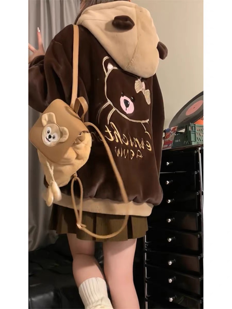 Embroidered Bear Ears Lamb Wool Jacket Women's Winter 2023 New Loose Velvet Thickened Spliced ​​Cardigan Cotton Coat
