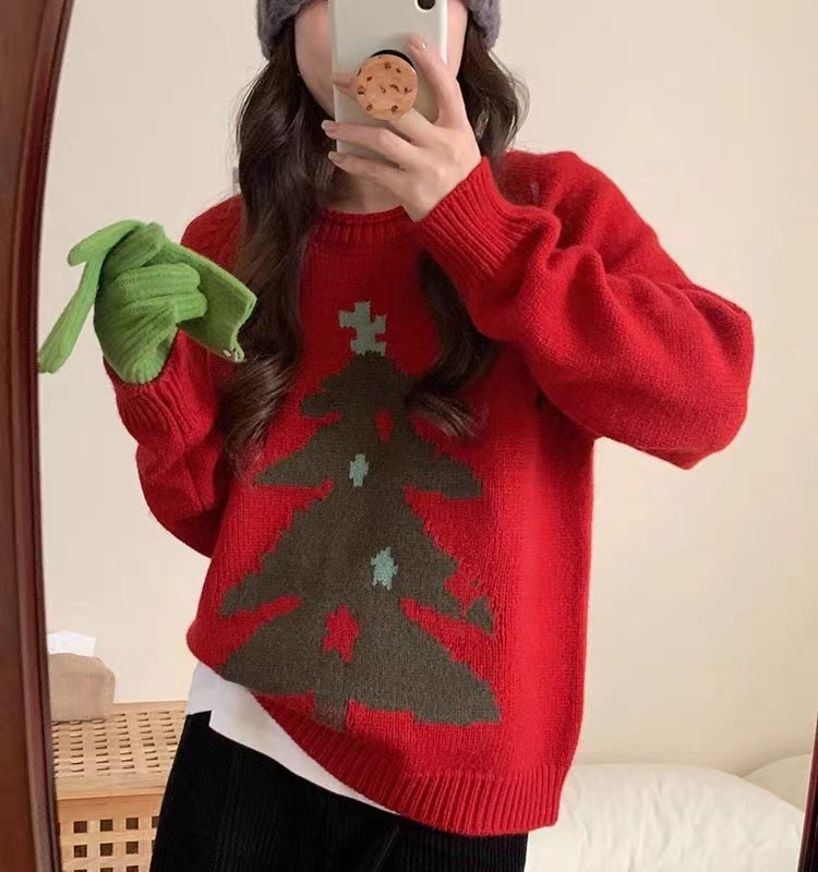 韓系新年紅聖誕樹提花套頭毛衣秋冬新款休閒百搭高級感針織衫上衣