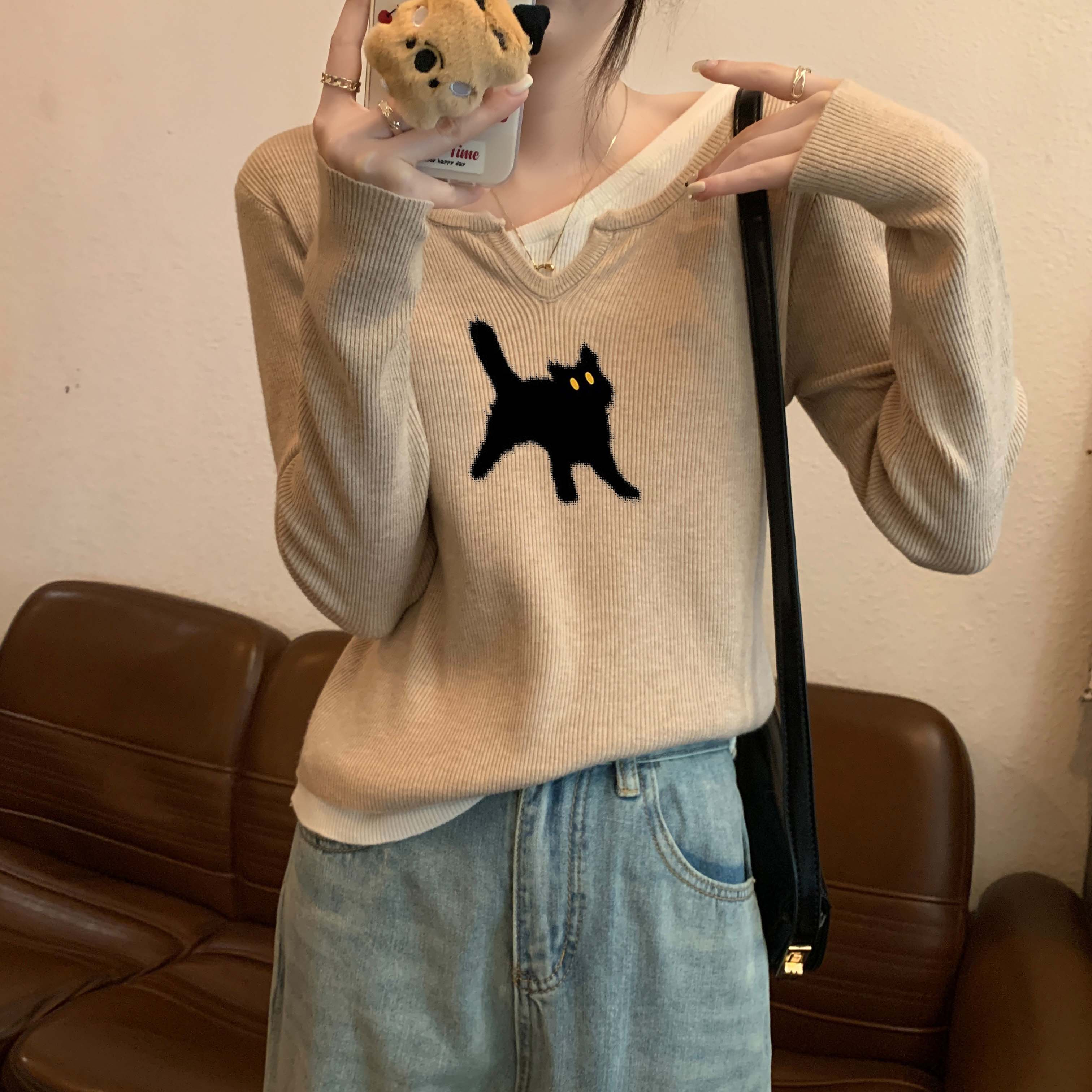 假兩件長袖上衣女法式獨特别致歐貨早秋新款女裝內搭針織打底衫