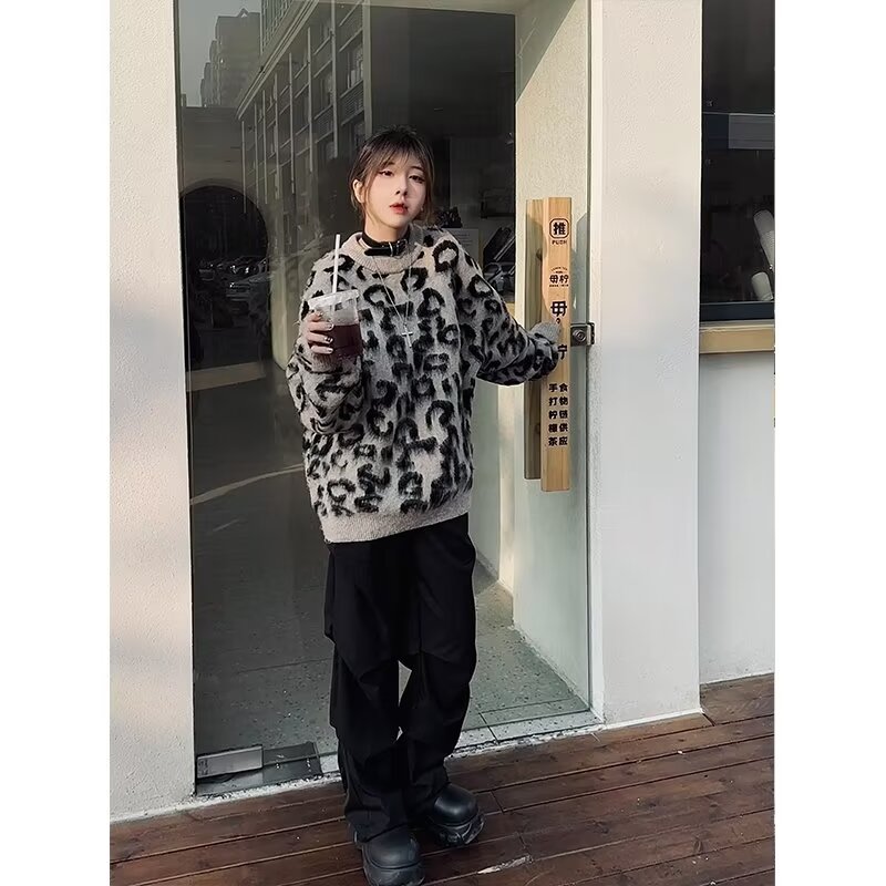 美式復古圓領針織毛衣女秋冬季新款寬鬆豹紋慵懶風圓領上衣潮