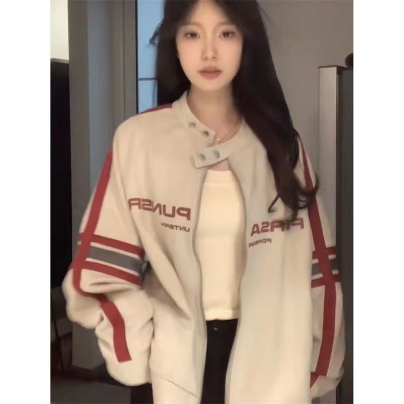 Maillard jacket women's American motorcycle style striped patchwork sweatshirt autumn and winter oversize lazy jacket