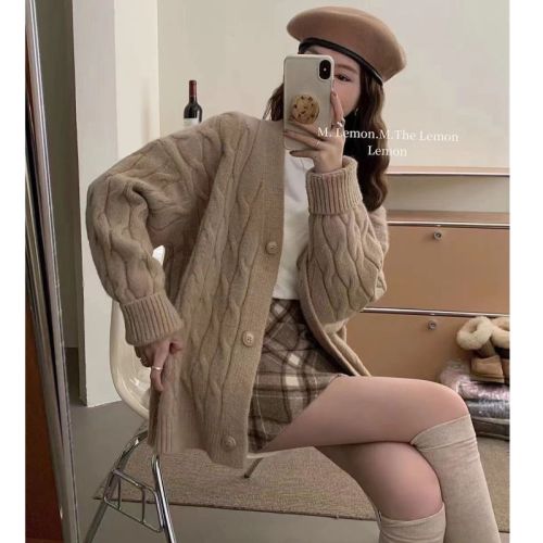 THE LEMON Korean style lazy style twist knitted jacket for women 2023 autumn and winter thickened sweater cardigan