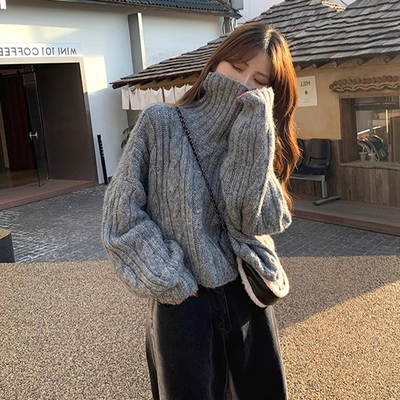 慵懶風灰色針織衫2023新款高領毛衣女秋冬季加厚復古chic短款上衣