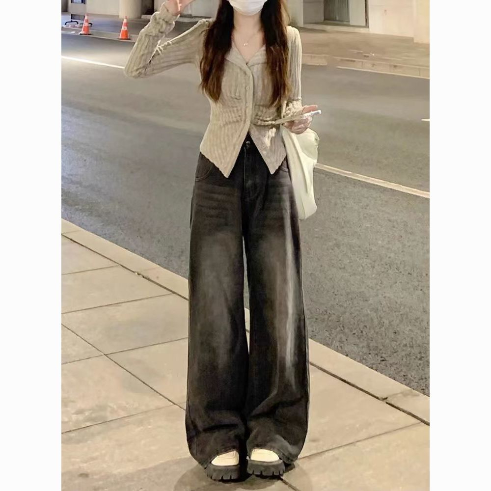 Wide-leg jeans for women in autumn and winter new style American retro washed slimming loose straight leg mopping pants trendy