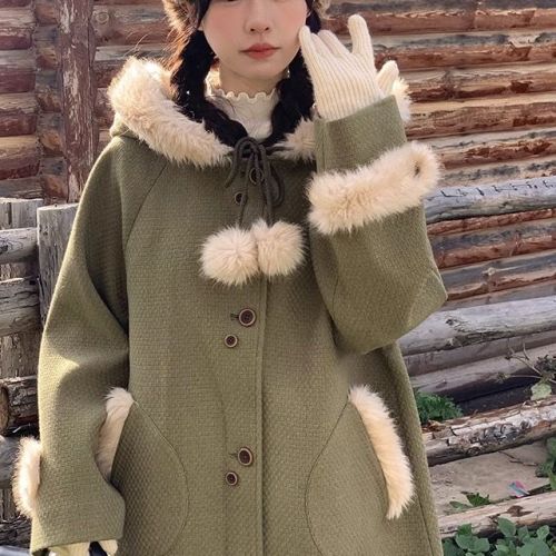 Can Shidosho Woolen Coat Women's 2023 Winter New Forest Green Cape Mid-Length Hooded Woolen Coat