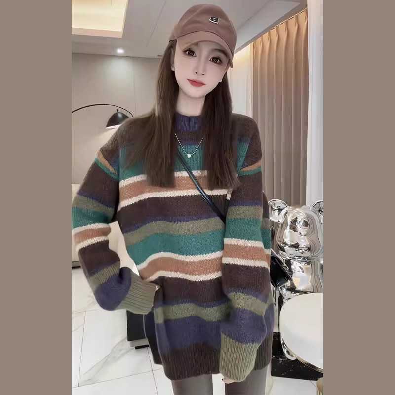 超好看慵懶風撞色條紋套頭針織毛衣女秋冬季2023新款高級感小個子