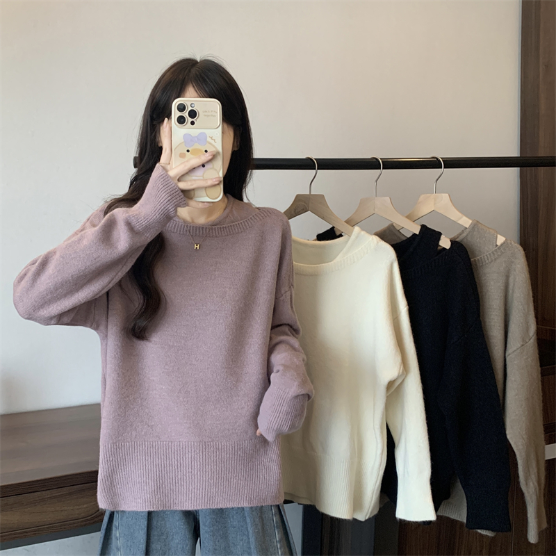 實拍 新款休閒套裝純色長袖斜肩套頭毛衣女內搭背心上衣兩件套