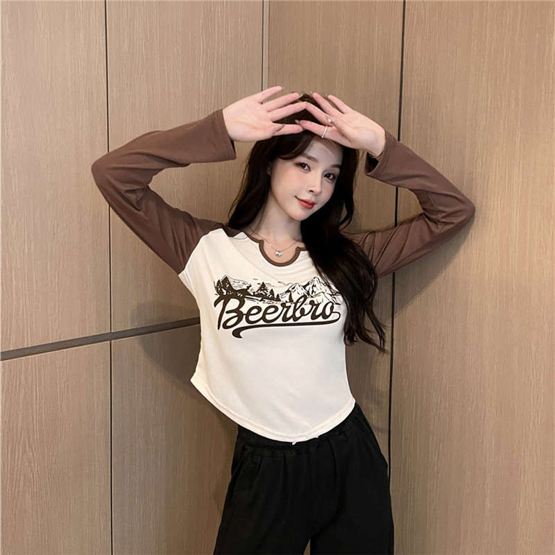 實拍撞色正肩長袖T恤女打底衫新款胖MM字母印花內搭小眾款上衣