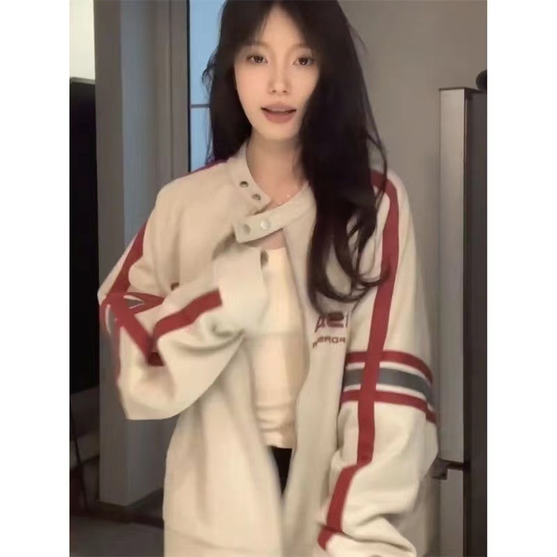 Maillard jacket women's American motorcycle style striped patchwork sweatshirt autumn and winter oversize lazy jacket