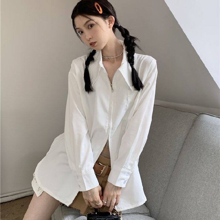 秋冬季法式復古拉鏈純色POLO領寬鬆長袖襯衫女時尚個性氣質