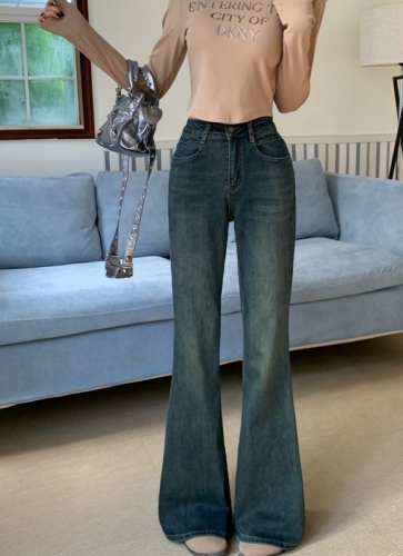 Actual shot#High-waisted straight micro-flared denim trousers for women with design sense of back pockets and embroidered wide-leg floor-length trousers