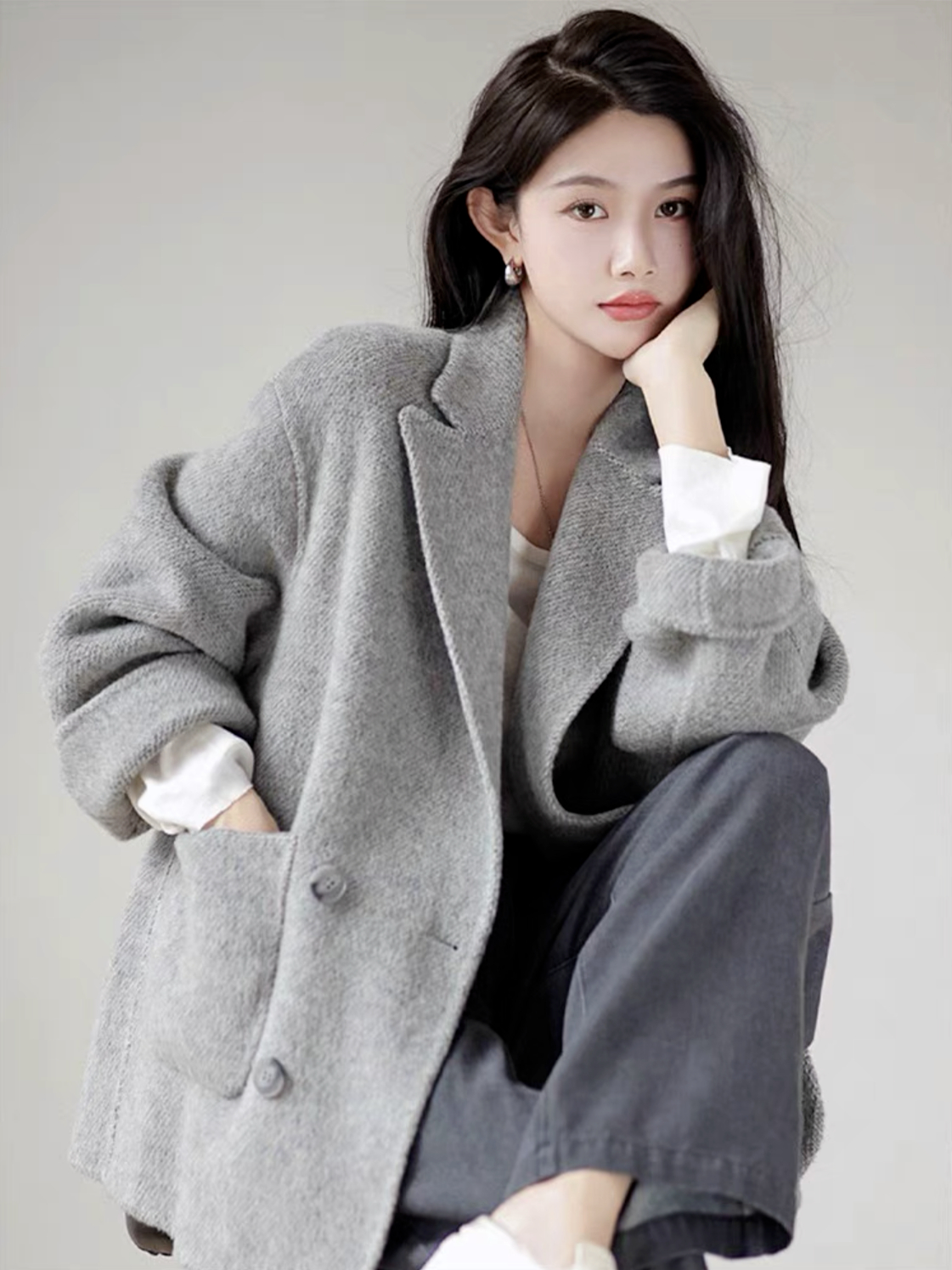 European station new winter double-sided sheep wool coat for women petite short double-breasted loose version blazer for women