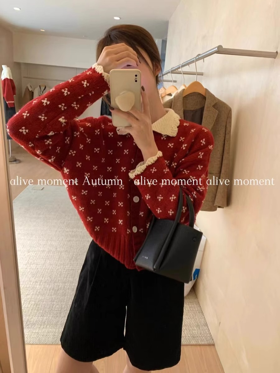 小個子紅色新年甜美鈎花毛衣外套溫柔風女娃娃領花邊短款針織開衫