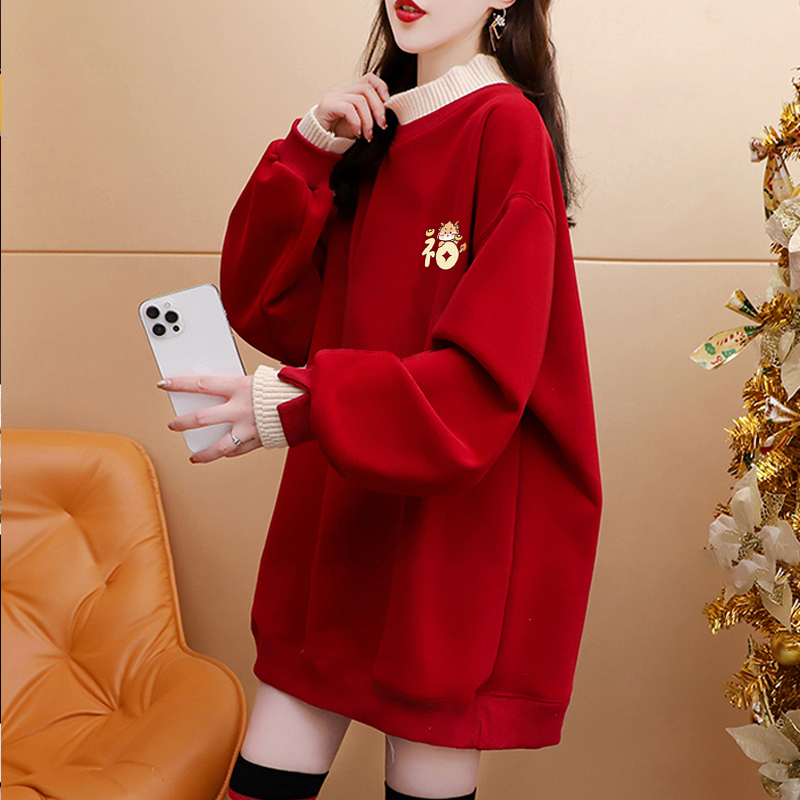 純棉複合超柔秋冬超火龍年印花紅色假兩件半高領加絨衛衣女潮