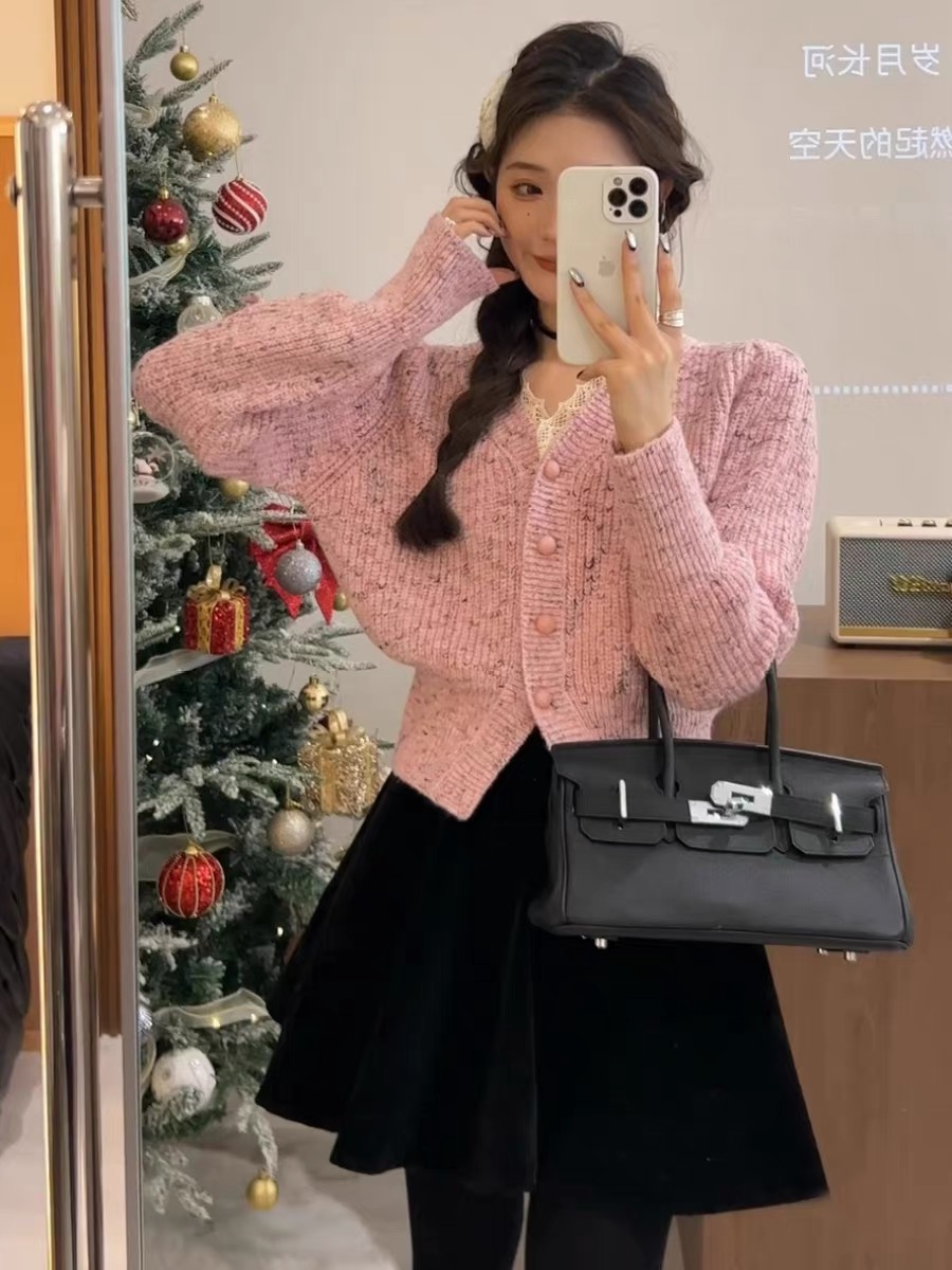 扎染V領毛衣外套秋冬新款女慵懶風粗線單排扣小個子外搭針織開衫