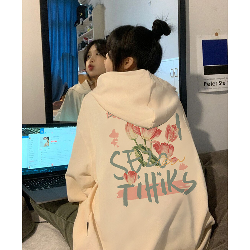 官圖華棉複合薄款310克/加絨410克秋冬裝衛衣女印花