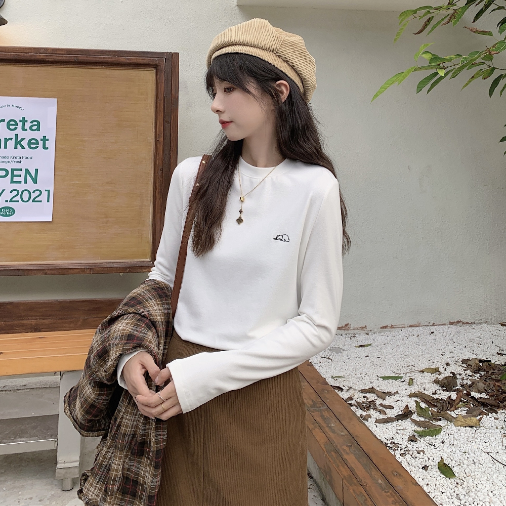 Actual shot of ammonia velvet embroidered brushed bottoming shirt for women with long sleeves for spring and autumn wear