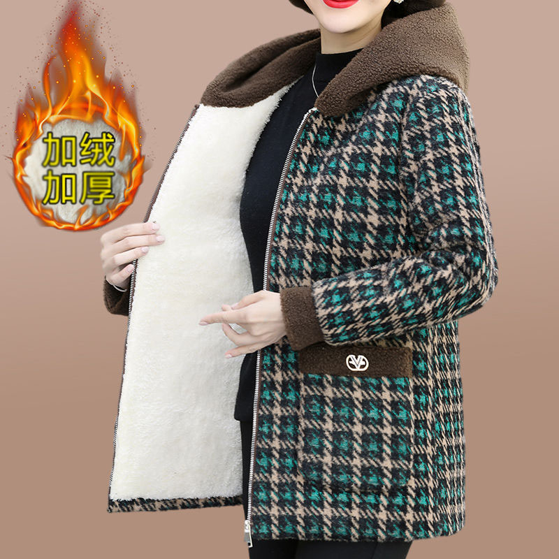 Thick velvet women's winter sherpa jacket casual versatile hooded short cotton coat women's plaid jacket top