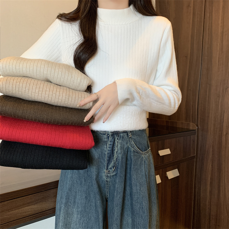 Real shot Half turtleneck plus velvet thickened bottoming shirt warm sweater autumn and winter apricot long-sleeved sweater top