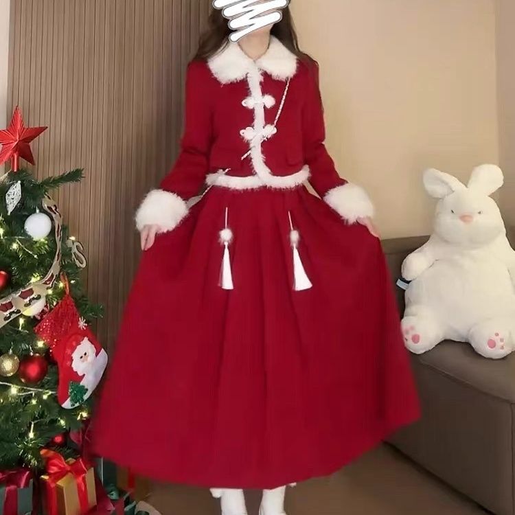 Dragon and Phoenix cloth + zipper red suit skirt winter quilted fur short coat long skirt New Year's Christmas shirt