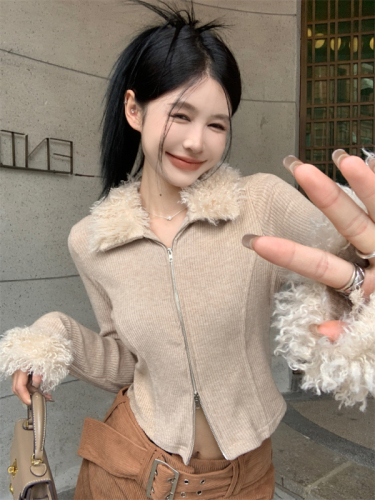 Real shot!  Two-way zipper fur collar splicing sweater for women autumn and winter  new slim fit top