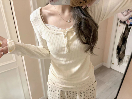 Original fabric fake two-piece top design fake two-piece floral splicing T-shirt top for women