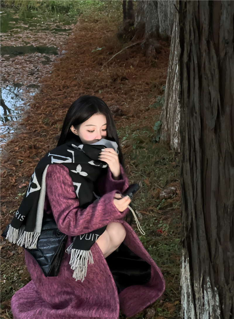 Actual shot of Gesang Meicai retro woolen coat with pleated design suit-style long coat for women