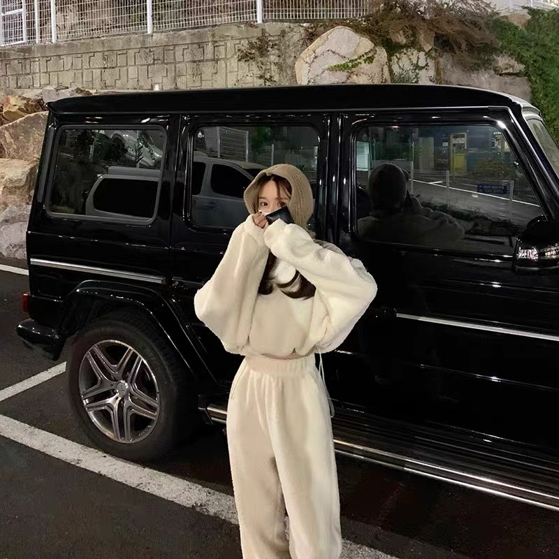 韓國羊羔絨短款衛衣女冬季保暖寬鬆純色減齡闊腿束腳衛褲兩件套潮