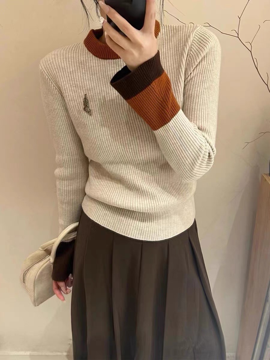 韓版簡約圓領拼色羊毛針織衫女2023冬季新款修身百搭減齡打底衫潮