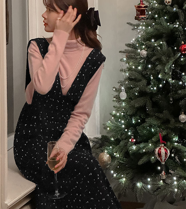 滿天星小香風顯瘦包臀連衣裙 2024春小清新氣質V領粗花呢背帶長裙