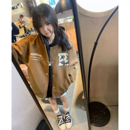 College style baseball uniform jacket for women autumn and winter 2024 new small loose casual velvet thickened jacket top