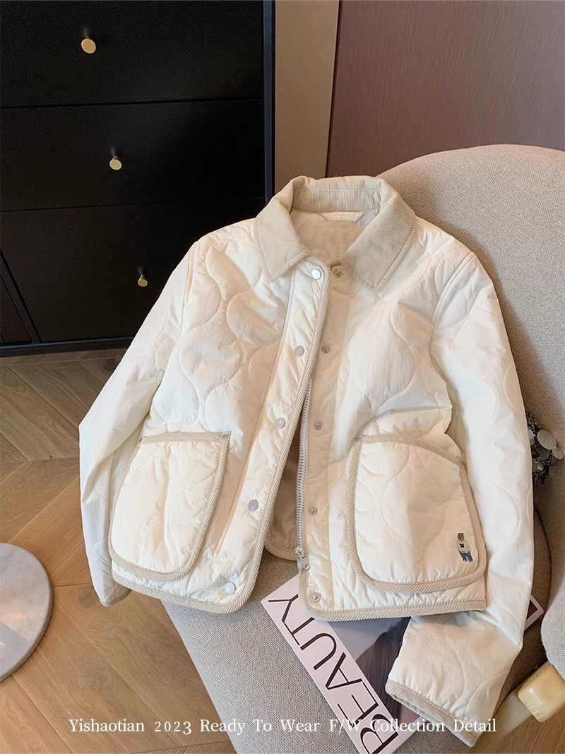 College style contrasting color bear lapel rhombus cotton coat for women autumn and winter 2023 new Korean style loose warm cotton coat
