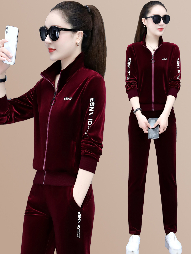金絲絨運動套裝女春秋新款時尚媽媽衛衣洋氣減齡跑步服休閒兩件套