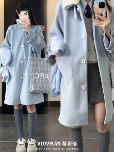 Woolen coat for women autumn and winter new style lamb wool stitching for small people to wear loose mid-length lapel coat 