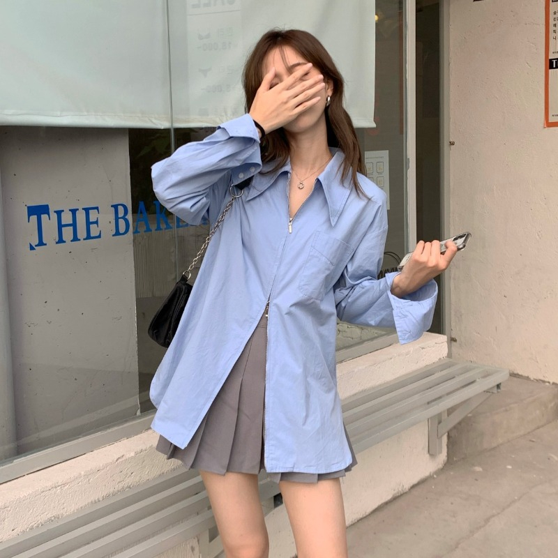 法式拉鏈白色長袖襯衫女個性秋季新款設計感小眾寬鬆顯瘦襯衣上衣