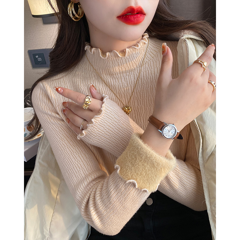 半高領毛衣女秋冬加厚針織衫木耳邊上衣洋氣2023年新款內搭打底衫