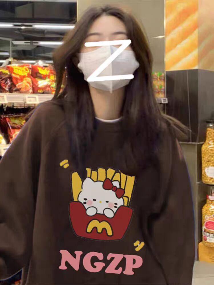 春秋冬季新款加絨加厚可愛甜美風衛衣女寬鬆圓領卡通長袖上衣服薄