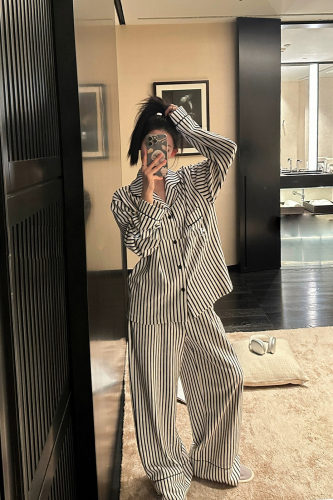 仿棉法式洋气条纹长袖睡衣女2024年韩版新款休闲宽松可外穿家居服