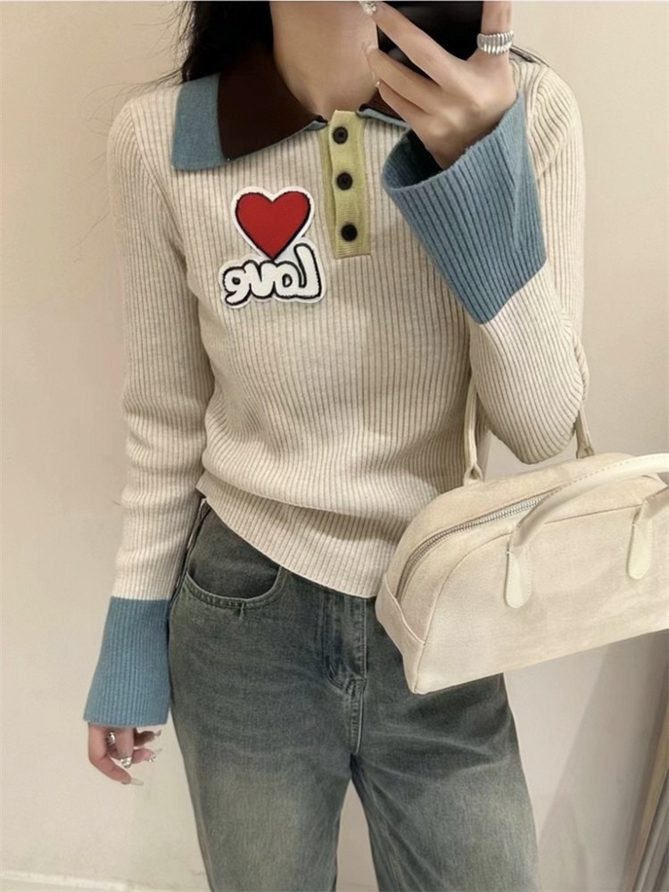 十三行秋冬女新款日系軟糯翻領針織衫字母愛心提花打底衫套頭毛衣