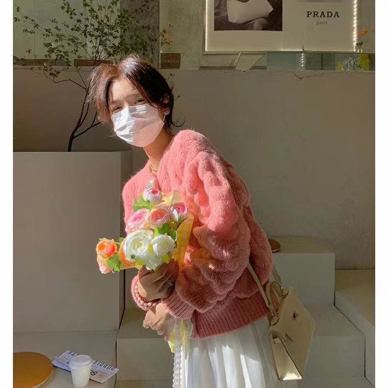 韓版chic法式氣質立體復古玫瑰花朵毛衣洋氣聖誕紅泡泡袖上衣