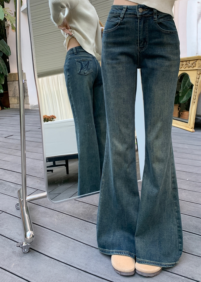 Actual shot#High-waisted straight micro-flared denim trousers for women with design sense of back pockets and embroidered wide-leg floor-length trousers