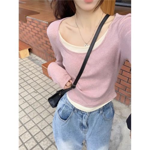 Threaded velvet spring and autumn new fake two-piece T-shirt women's design niche short long-sleeved bottoming top