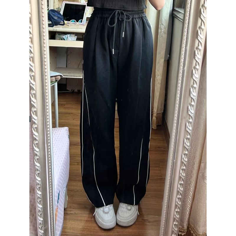 純棉華棉美式側邊條紋運動休閒褲女秋冬慵懶風垂感闊腿褲