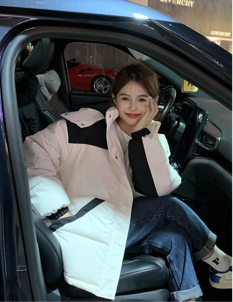 Real shot of Baishui women's black and white contrasting color down cotton coat for women in winter loose thickened short cotton coat ins women's jacket