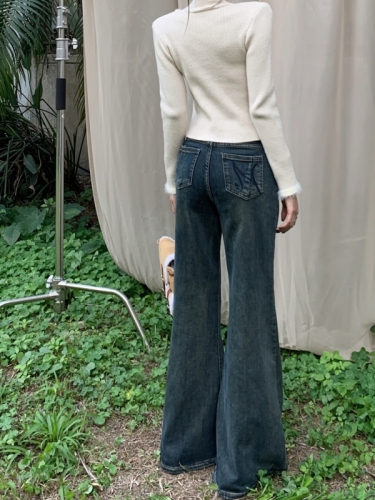 Actual shot#High-waisted straight micro-flared denim trousers for women with design sense of back pockets and embroidered wide-leg floor-length trousers