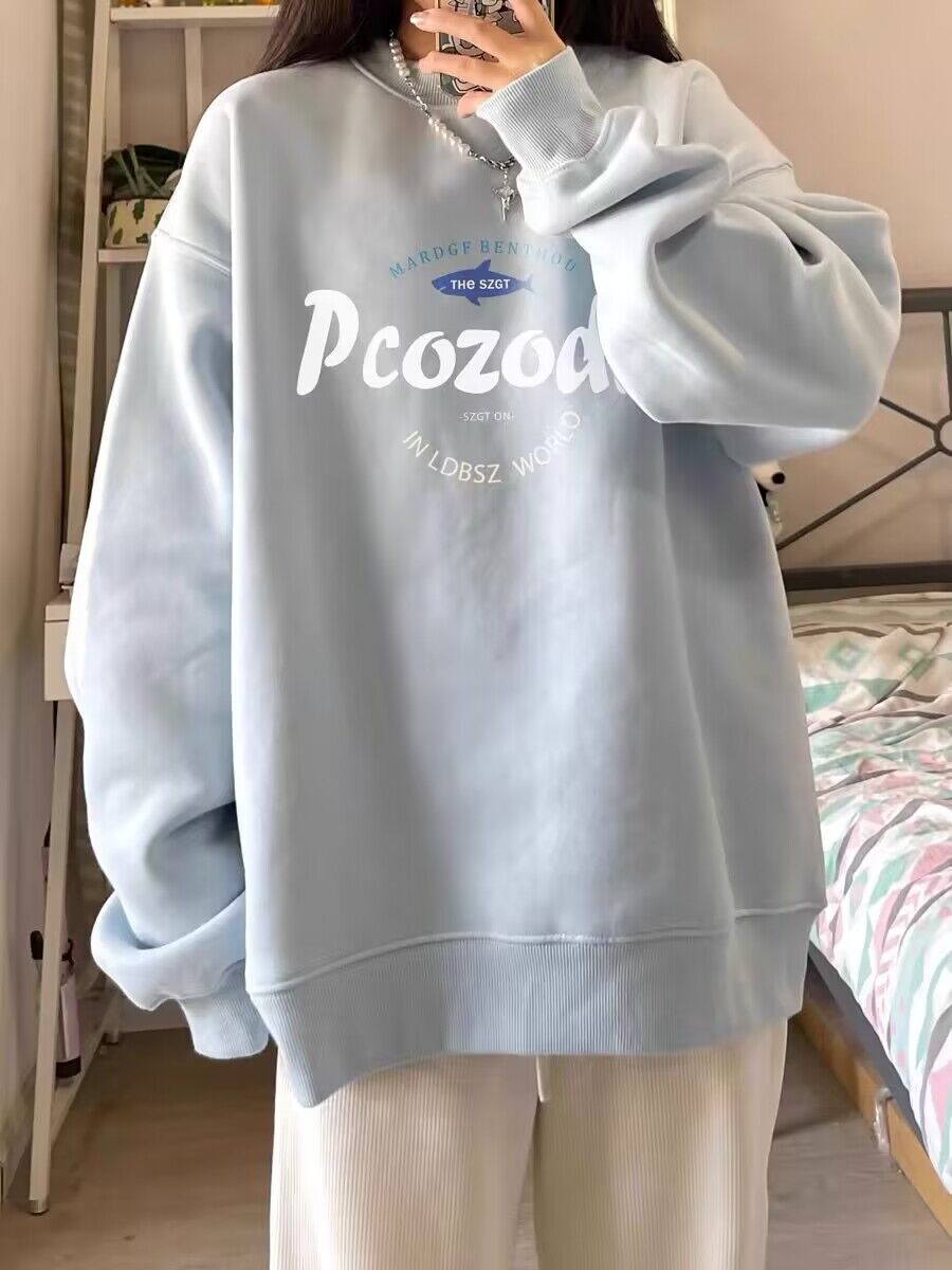 藍色圓領美式復古衛衣女 2023年秋冬新款慵懶風小個子加絨上衣潮