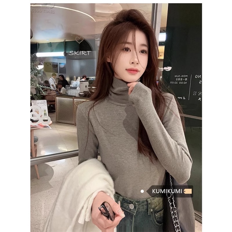 螺紋德絨純色高領長袖內搭T恤女裝冬季修身打底衫基礎款上衣