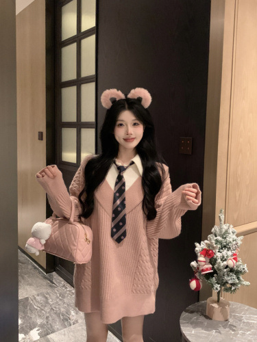 Real shot ~ Sweet cone girl’s college style fake two-piece pullover sweater and sweater comes with a tie