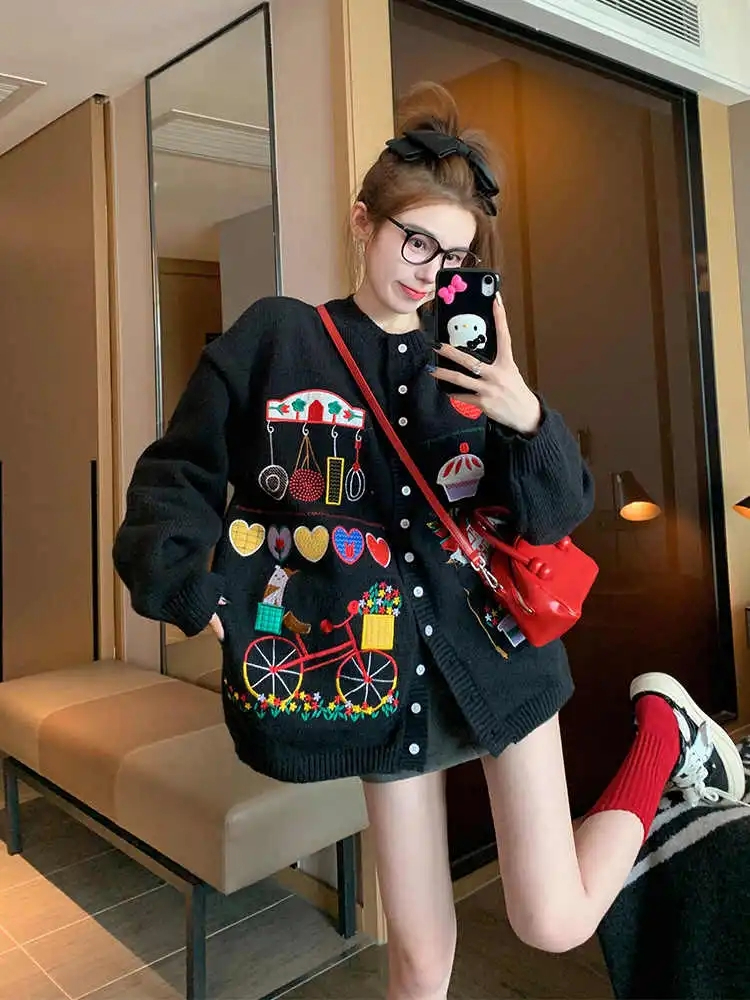 黑色慵懶風毛衣外套女秋冬加厚寬鬆休閒日系復古針織開衫上衣ins